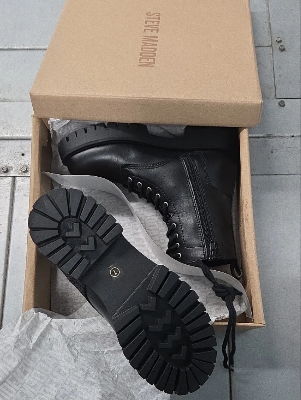 Steve Madden Black Leather Lace-Up Combat Boots with Side Zipper